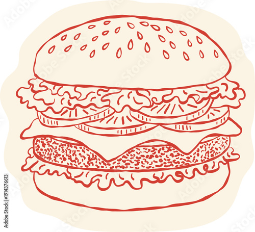 Hand Drawn Burger Illustration in Vintage Line Style  for restaurant menus, food branding, posters, stickers, packaging, and retro culinary designs.
