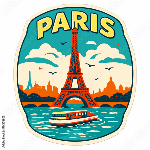 Vintage Paris travel illustration featuring the Eiffel Tower, Seine river boat and city skyline in retro poster style with bold colors and classic tourism design.