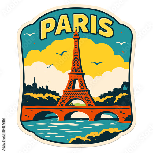 Vintage travel badge illustration of Paris with Eiffel Tower, bridge and skyline in retro colorful vector style, perfect for tourism poster and souvenir design.