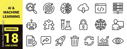Artificial intelligence line icons set with AI technology symbols, machine learning, data analytics, cloud download, coding, cybersecurity, automation and digital innovation outline pack
