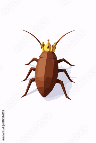 Low poly cockroach with golden crown illustration in geometric flat vector style, symbolizing pest control, infestation dominance and hygiene concept.