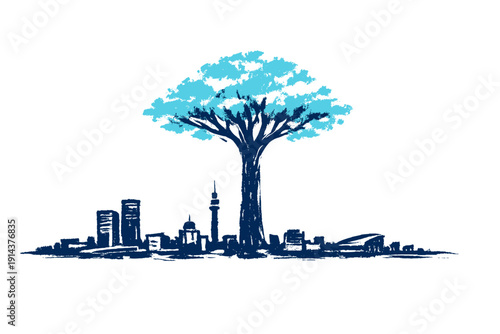 Eco city illustration with giant tree rising above urban skyline, symbolizing sustainability, green energy and harmony between nature and architecture.