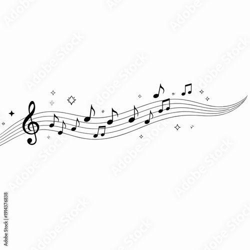 Flowing musical notes on staff line in elegant black outline style, decorative music illustration for concert posters, invitations and creative designs.