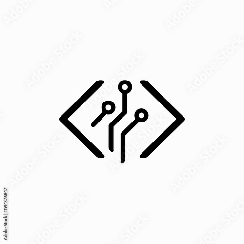 Minimal coding and technology icon with circuit lines inside brackets in bold black flat vector style, representing programming and digital innovation.