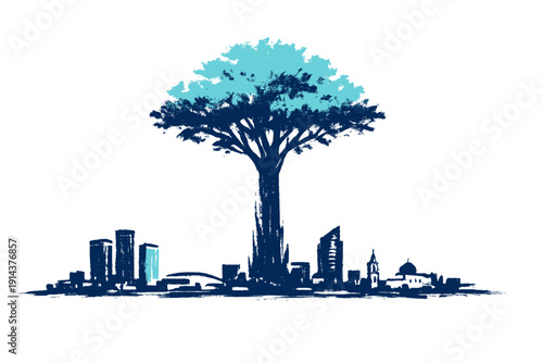 Eco city illustration with giant tree rising above urban skyline, symbolizing sustainability, green energy and harmony between nature and architecture.