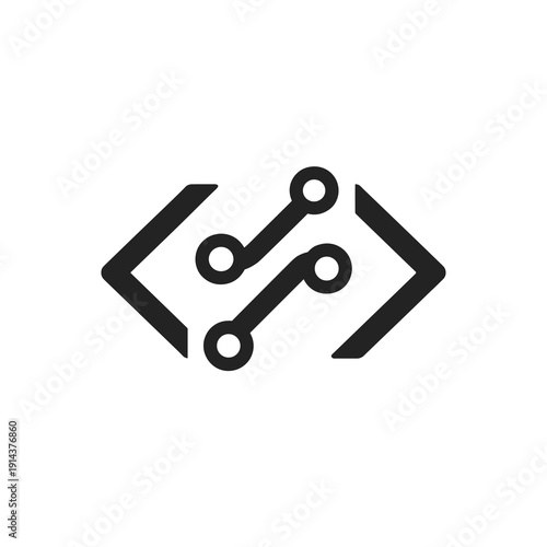 Minimal technology code icon with circuit lines and brackets in bold black flat vector style, representing programming, development and digital innovation.