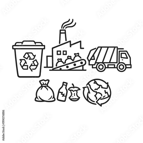 Waste management and recycling outline icon set with factory, garbage truck, recycle bin and eco symbols in minimal black line vector style.