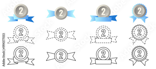 Vector set of various silver medals for second place with a blue ribbon, both linear and colored. Sports and gaming awards, second place medal. Coloring page with example, dotted line for tracing. 