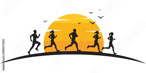 Running Silhouette at Sunset with Birds Minimal Vector Illustration.