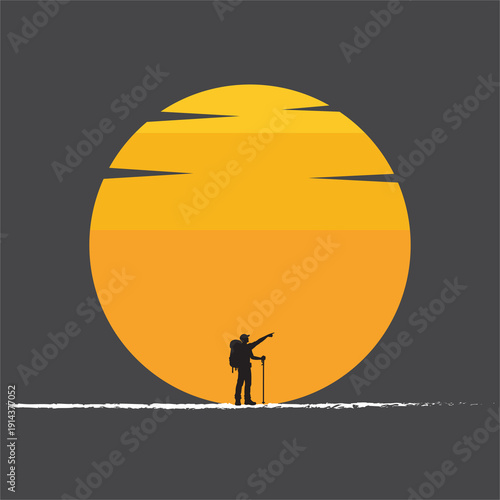 Hiker Silhouette Against Giant Sunset Circle Illustration.