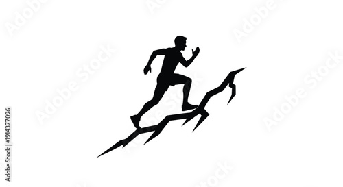 A running man climbs a rocky peak a dramatic silhouette