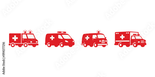 Ambulance Emergency Vehicle Icon Set in Flat Red Vector Style.