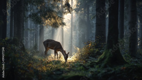 Deer Grazing in Serene Forest