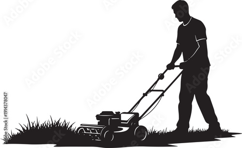 Silhouette of a man mowing a grassy lawn with a lawnmower, performing yard work.
