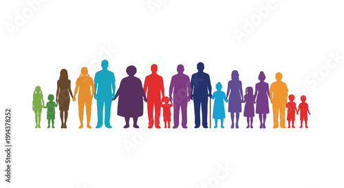 Silhouettes of a family holding hands diverse in size and color