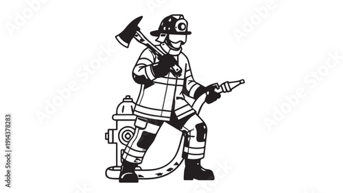 Black and white illustration of a brave firefighter in full gear preparing a hose and axe.