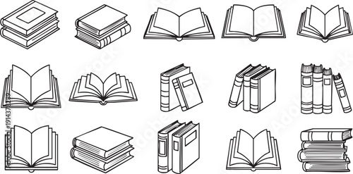 Black and white line of books in various positions line black and white stacks of books