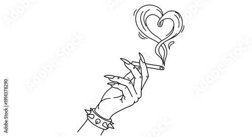 A hand holding a lit cigarette forming a heart shape silhouette