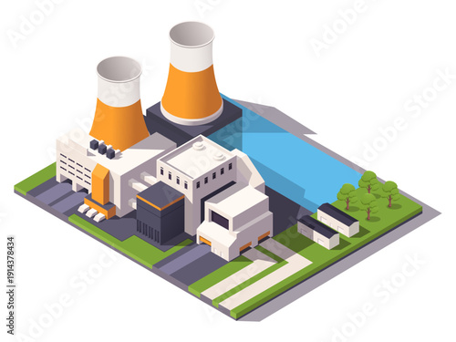 Isometric view of a nuclear power plant with cooling towers, modern buildings, trees, and nearby river on white background. Vector illustration