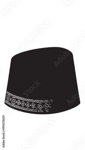 Traditional black fez hat with decorative patterned band across the circumference.