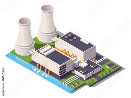 Isometric view of a nuclear power plant with cooling towers and buildings on green land by water, clean energy production concept. Vector illustration