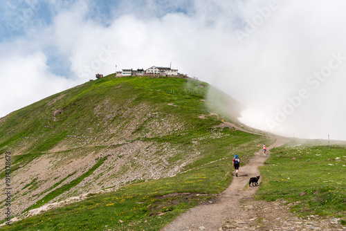 Wallpaper Mural A female hiker with her dog hiking from Mount First to Mount Faulhorn, Bernese highland Torontodigital.ca