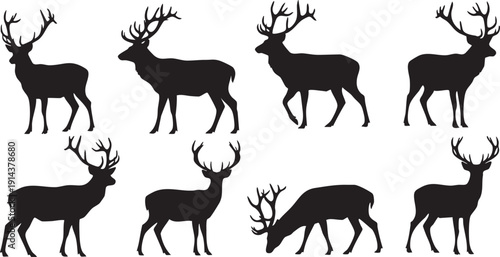 Black silhouettes of deer with antlers on white background 1