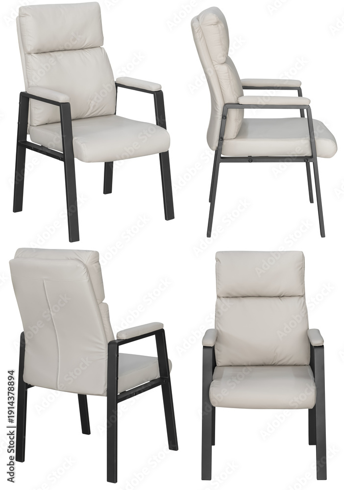 Obraz premium Modern office visitor chair photographed in studio and isolated on transparent background. Comfortable upholstered chair with metal frame and armrests, suitable for conference rooms, meeting