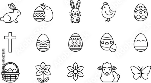 Cute Easter holiday celebration vector line art icons collection featuring bunnies eggs chicks and spring flowers for festive designs