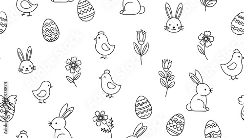 Cute handdrawn seamless Easter pattern with bunnies chicks decorated eggs and charming spring flowers for celebration