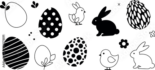 Cute minimalist black and white Easter illustrations with bunnies chicks and decorated eggs perfect for spring holiday celebrations