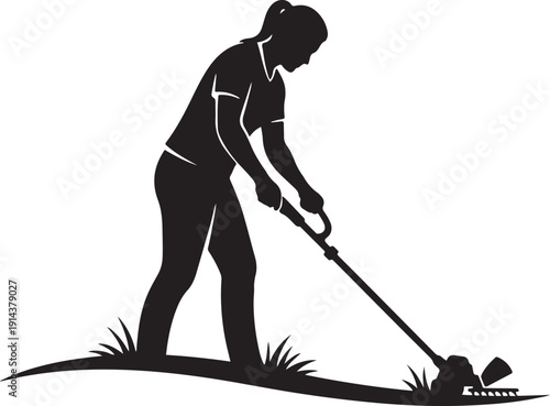Silhouette of a woman trimming grass with a string trimmer, signifying lawn care and yard work