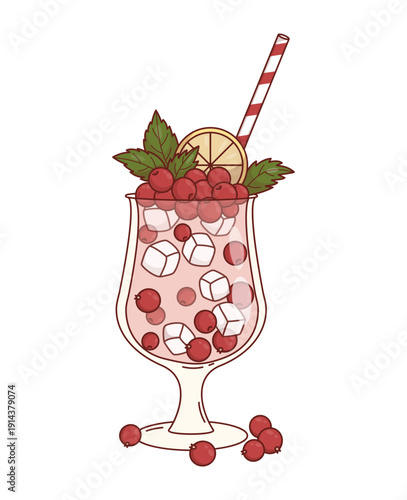 Red Currant Dessert Cocktail with Ice Cubes, Lemon Slice and Mint. Fresh Refreshing Summer Berry Drink with straw. Vector Illustration