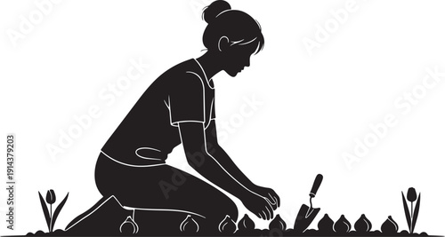 Silhouette of a woman planting bulbs in the ground, illustrating spring gardening and cultivation