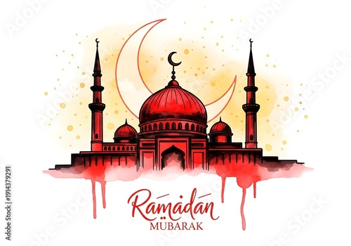 A vibrant illustration of a mosque with a crescent moon, celebrating the holy month of Ramadan