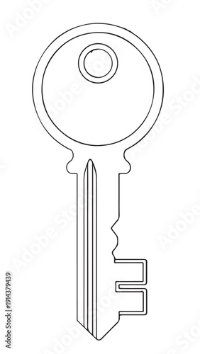 Close up of a metal house key with a circular head and notches for locking and access.