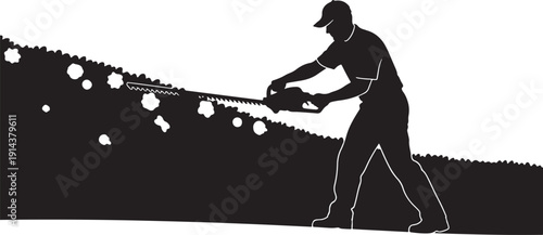 Gardener trimming hedges with electric shears, depicting landscape maintenance and garden upkeep