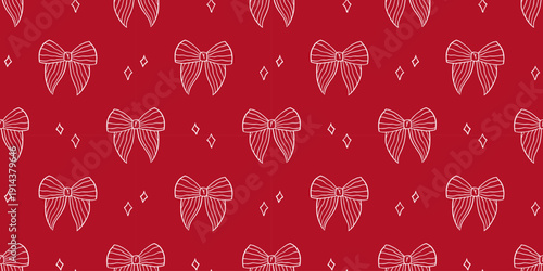 Vector seamless pattern with whimsical coquette ribbon bows and stars on red background. Charming pretty outline hand drawn bows for festive gift wrap, packaging, fabric, wallpaper. Christmas print.