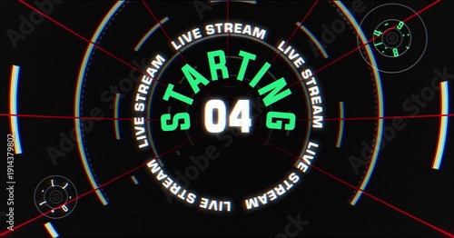 Circular live stream countdown animation 4K video, futuristic HUD glitch starting soon scree background