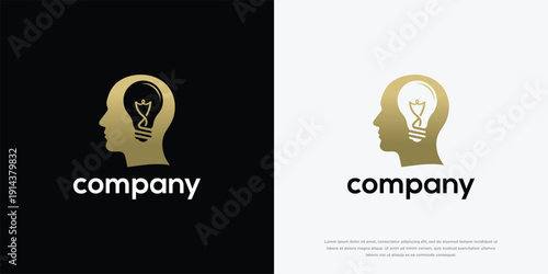 Golden Head Silhouette with Light Bulb Idea Logo.