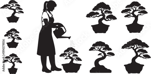 Silhouette of a woman watering bonsai trees in pots, surrounded by various miniature trees, representing care and cultivation.