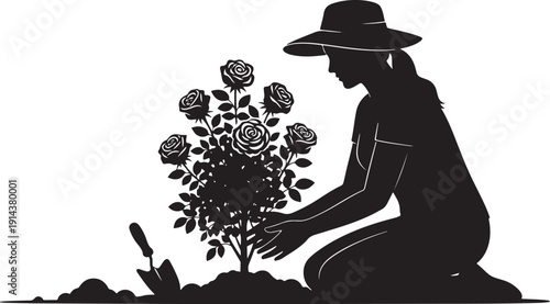 Silhouette of a woman wearing a hat, kneeling to plant a rose bush in the soil, symbolizing gardening and new beginnings.