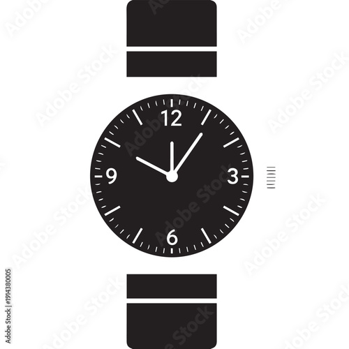 Minimalist wristwatch with black dial and white markers on leather strap.