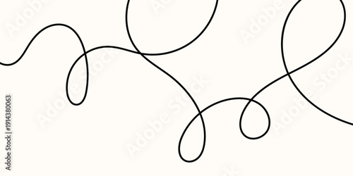 Line, squiggle, and curve for a long, thin cable drawing with an abstract tangle and wavy design. Italian print art curvy thread on a white background creates a black pattern