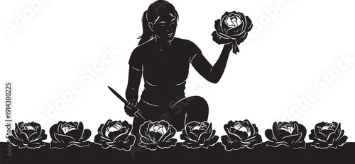 Silhouette of a woman holding a perfect rose, with a row of identical roses in front, suggesting quality control or admiration.