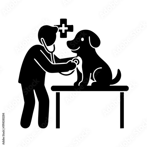 Dog sitting on exam table while veterinarian uses stethoscope