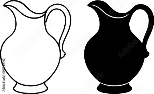 Antique icon, vector illustration of jug, black and white in outline and silhouette design style