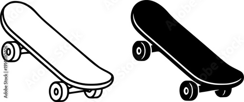 Sports icon, vector illustration of skateboard, black and white in outline and silhouette design style