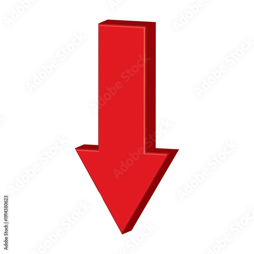Realistic red 3D arrow pointing down vector isolated on white background. Glossy financial loss symbol. Business crisis, price drop, discount or download icon concept.