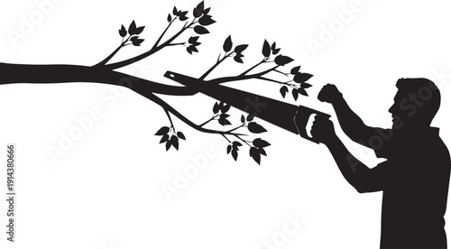 Man silhouetted against a white background, sawing a branch with leaves, conceptualizing cutting back or decision making.